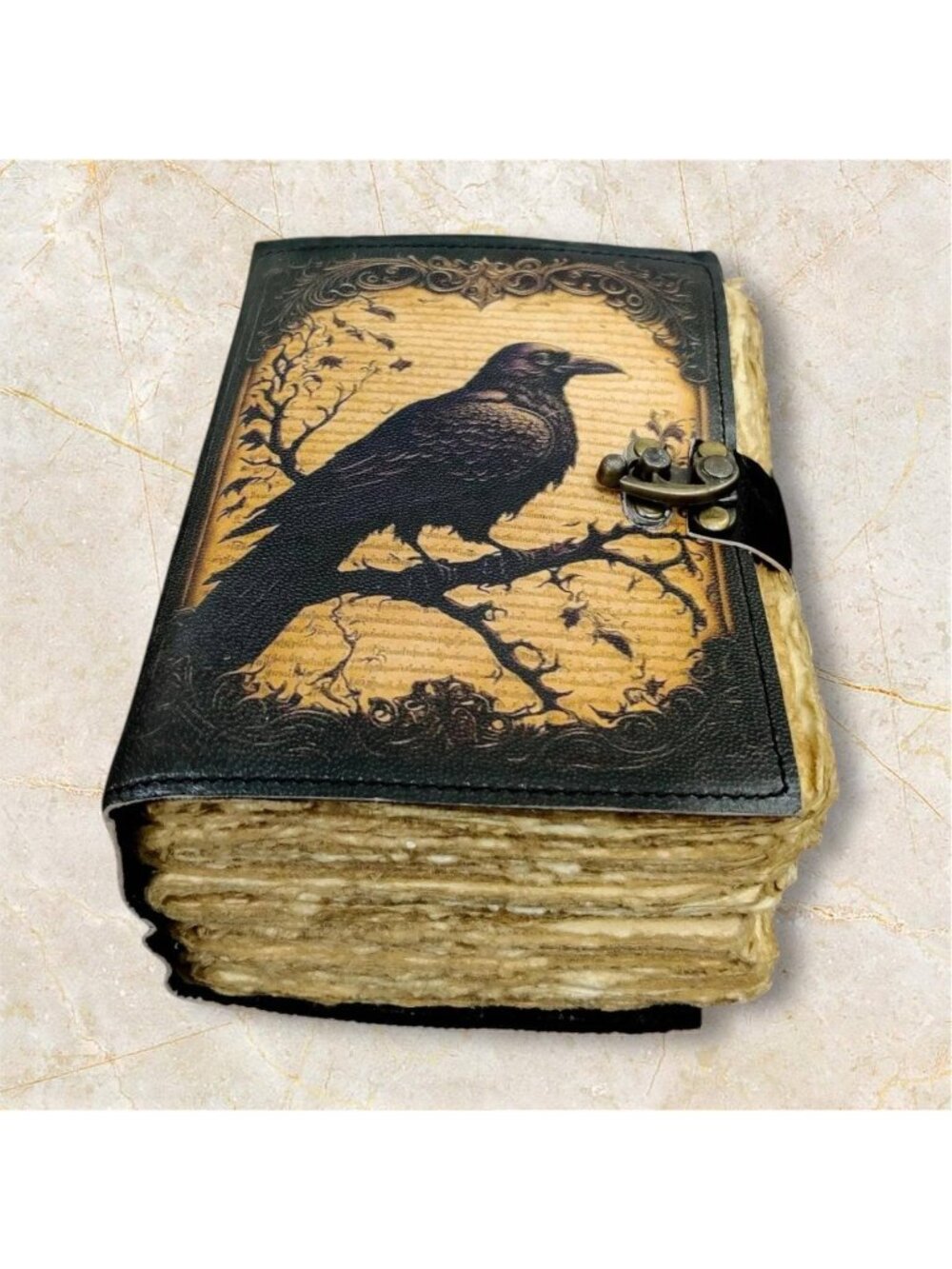 Raven Grimoire Journal Leather Gothic Book of Shadows Black Antique Brass Lock